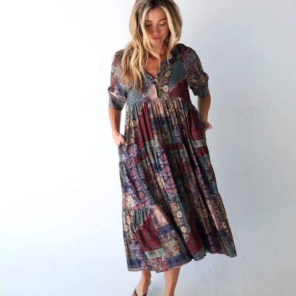 Natural Life Rebecca Midi Dress in Blue Patchwork Size Medium - Picture 4 of 12